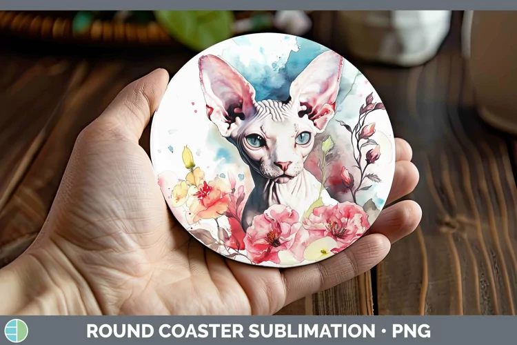 Boho Cat Sphynx Cat Round Coaster Sublimation Coaster Design