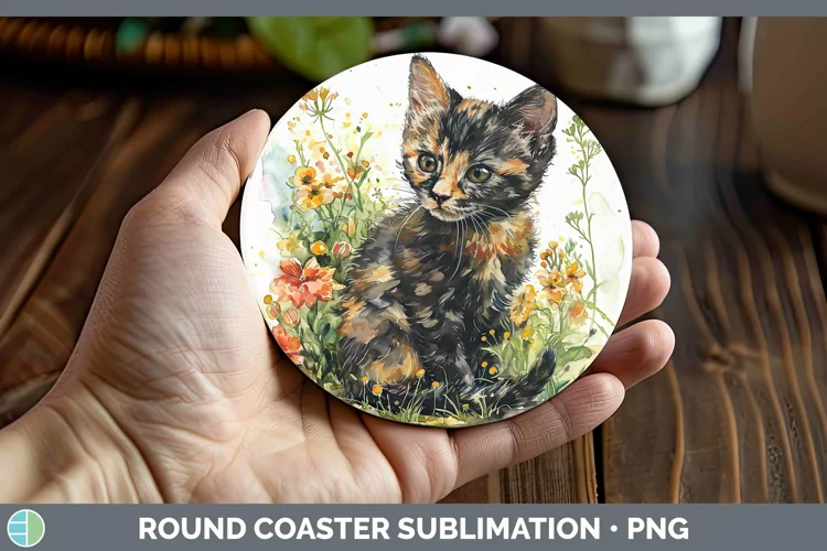 Boho Cat Tortoiseshell Cat Round Coaster Sublimation Coaster