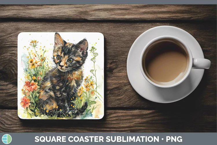 Boho Cat Tortoiseshell Cat Square Coaster Sublimation Coaste