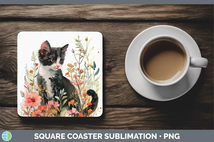 Boho Cat Tuxedo Cat Square Coaster Sublimation Coaster Desig