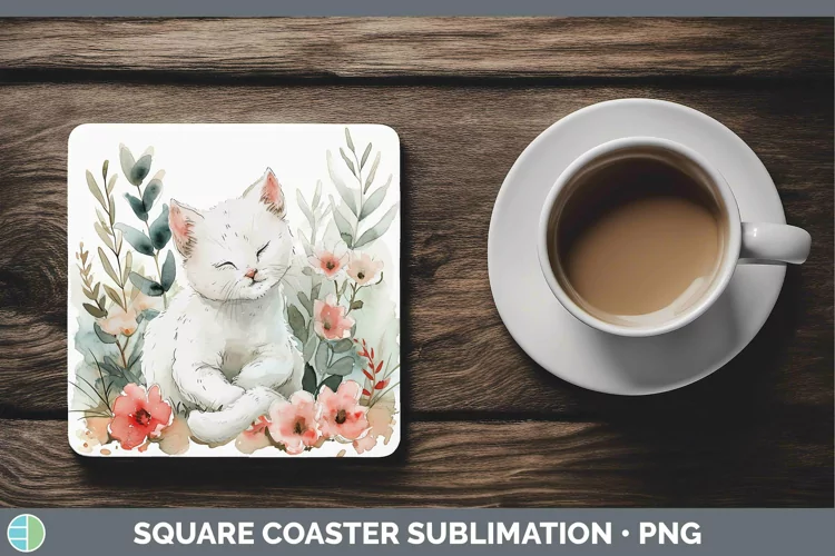 Boho Cat White Cat Square Coaster Sublimation Coaster Design