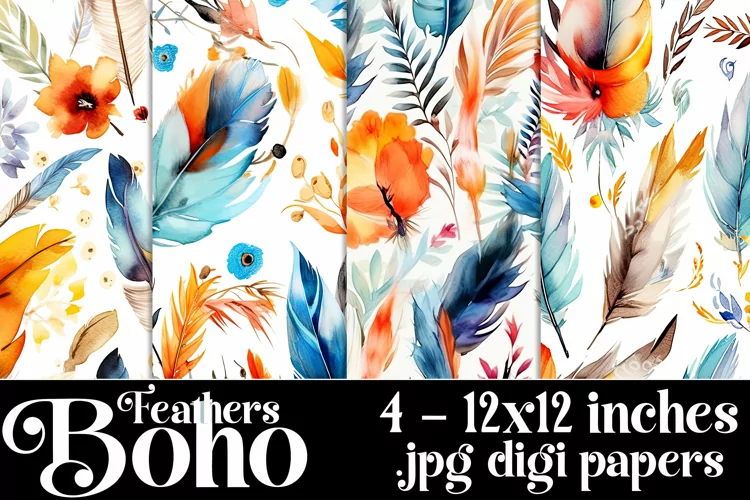 Boho Feathers Patterns, Boho Feathers 12x12 Backgrounds, s17