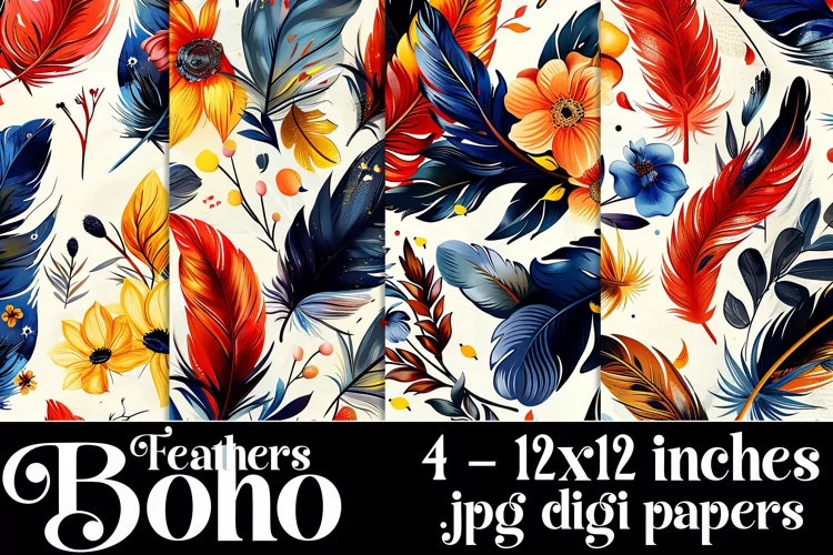Boho Feathers Patterns, Boho Feathers 12x12 Backgrounds, s19