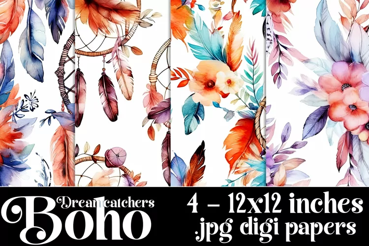 Boho Dreamcatchers Patterns, Boho Style 12x12 Backgrounds, 1