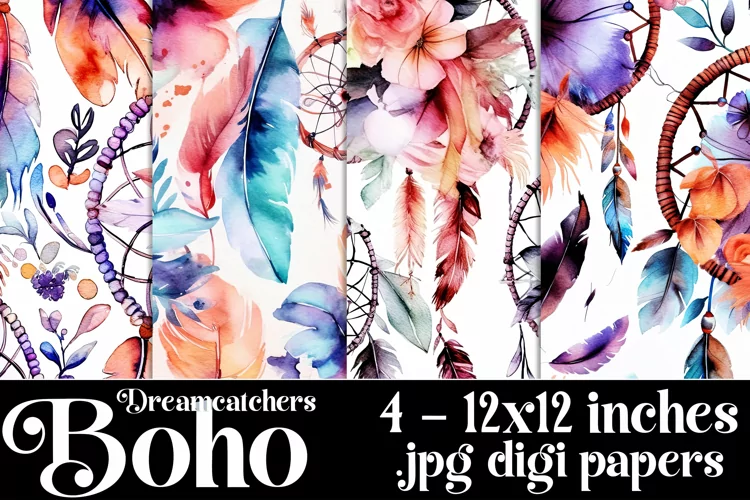 Boho Dreamcatchers Patterns, Boho Style 12x12 Backgrounds, 3