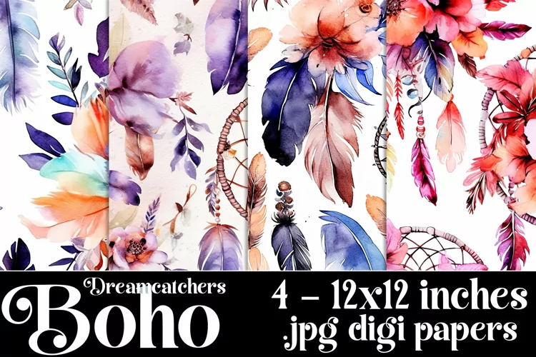 Boho Dreamcatchers Patterns, Boho Style 12x12 Backgrounds, 4