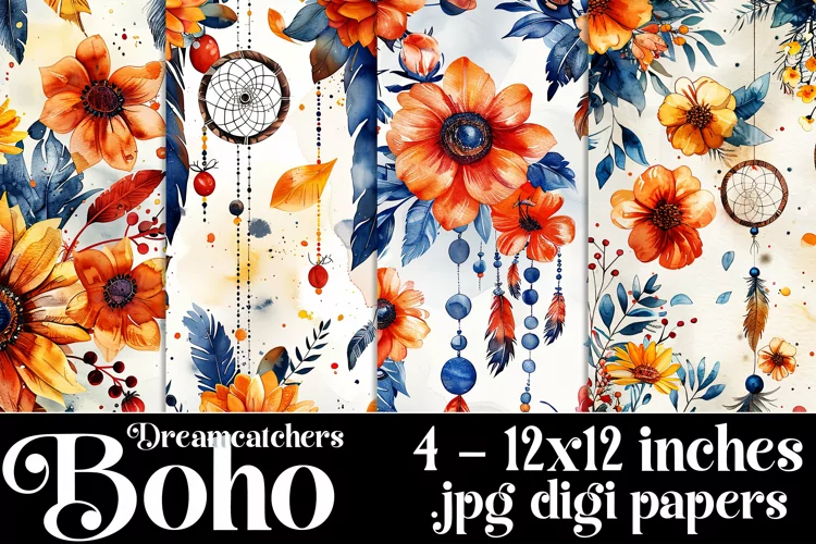 Boho Dreamcatchers Patterns, Boho Style 12x12 Backgrounds, 5