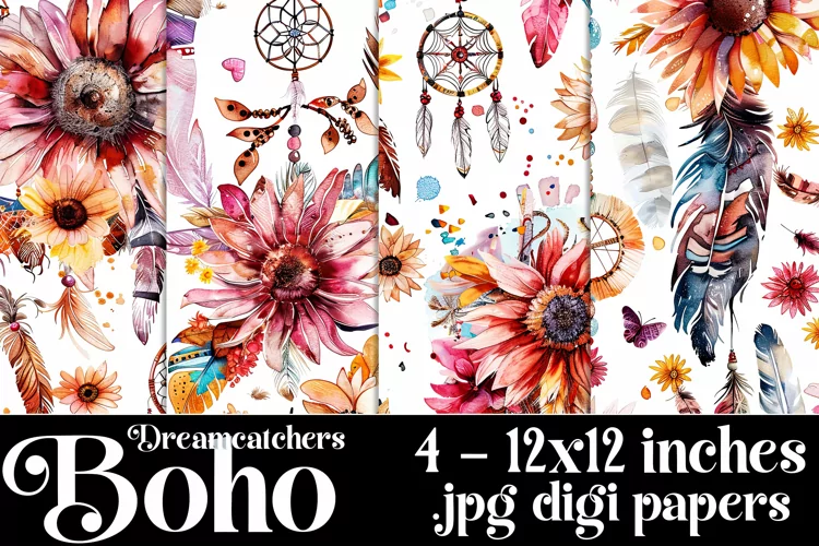 Boho Dreamcatchers Patterns, Boho Style 12x12 Backgrounds, 6