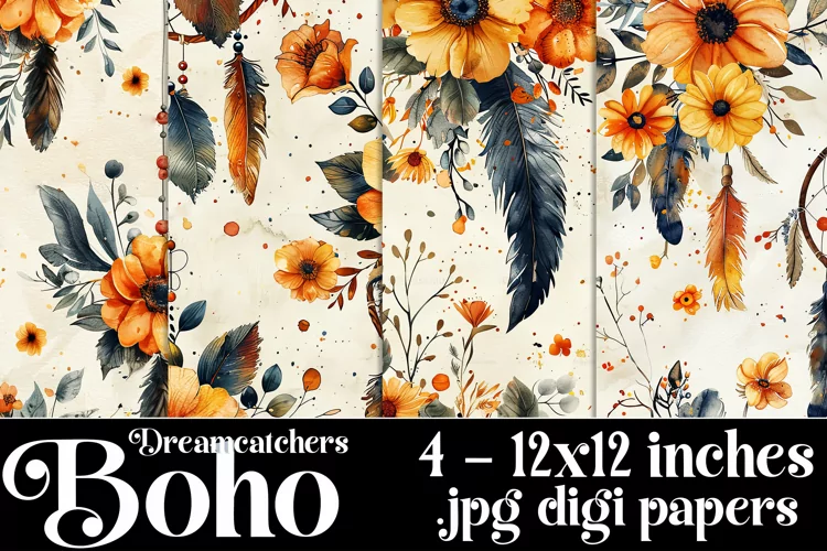 Boho Dreamcatchers Patterns, Boho Style 12x12 Backgrounds, 7