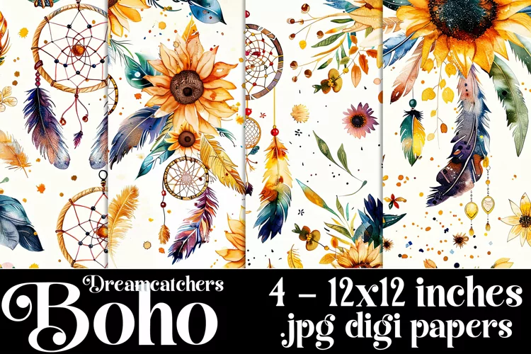 Boho Dreamcatchers Patterns, Boho Style 12x12 Backgrounds, 8