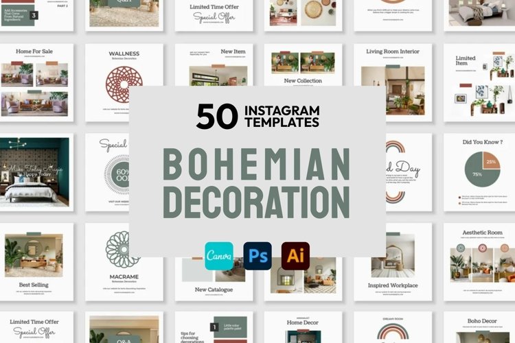 Boho Decor Green Instagram Templates| CANVA-PS-AI