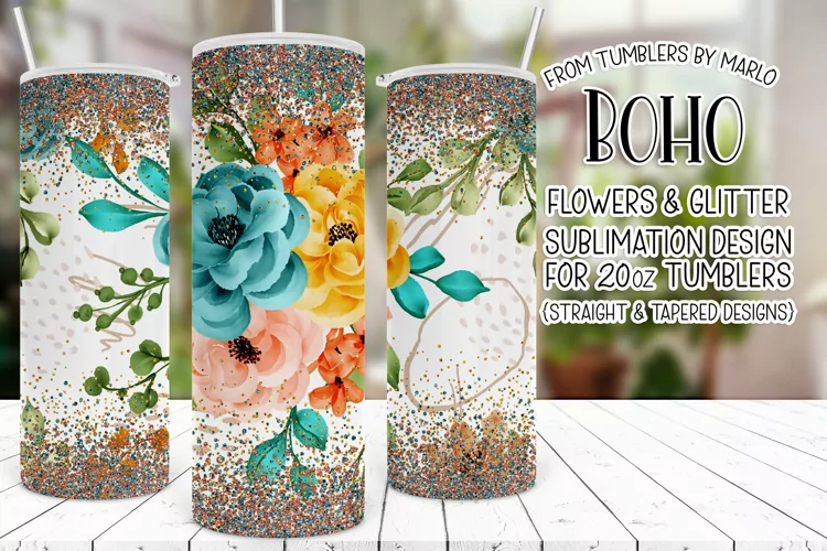 Bohemian Tumbler, Floral Tumbler, Boho Flowers and Glitter