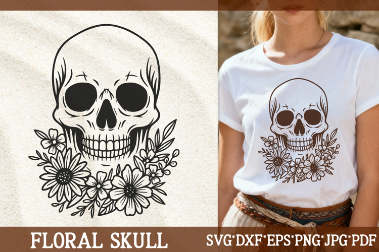 Floral Skull SVG Files | Boho Flower Skeleton Cut File