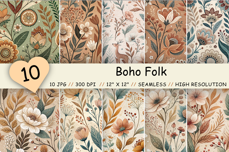 Boho Folk Floral Seamless Pattern, Bohemian Botanical