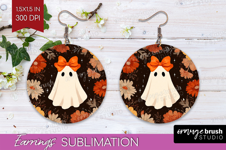 Boho Ghost Halloween Round Earrings Spooky Season PNG