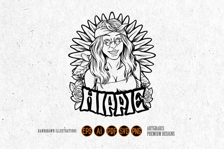 Boho girl joyful smile hippie style logo illustrations example image 1