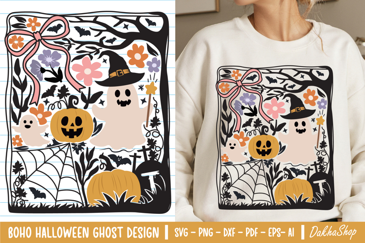 Retro Boho Floral Halloween SVG Spooky Ghost SVG Pumpkin PNG