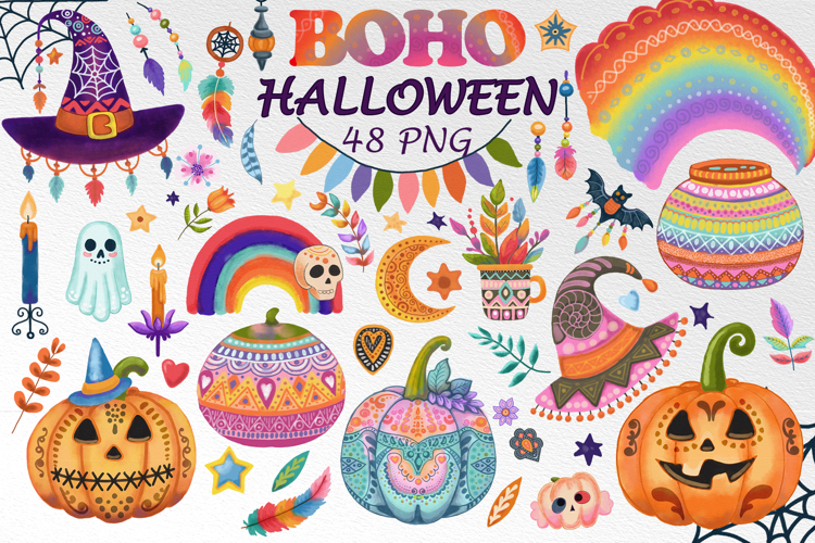 Boho Halloween Clipart Bundle | Hand-Drawn Watercolor PNG