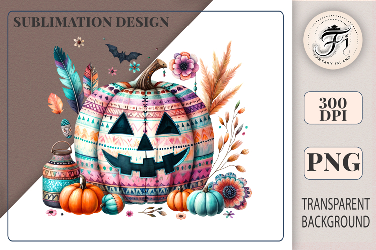Boho Halloween Pumpkin PNG | Autumn Watercolor Clipart