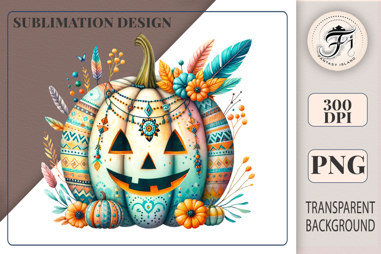 Boho Halloween Pumpkin PNG | Autumn Watercolor Clipart