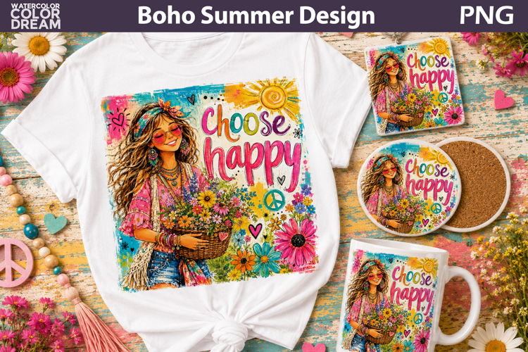 Choose Happy Girl | Boho Flower Hippie Girl Sublimation