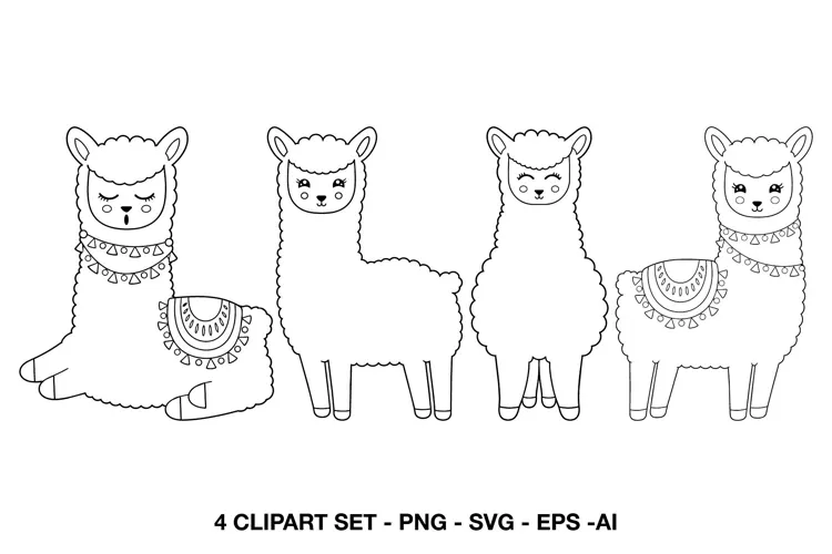 Boho Llama Line Art Clipart | Cute Alpaca Designs