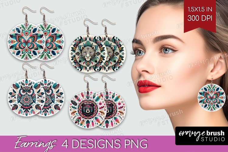 Boho Animal Round Earrings - Mandala PNG Sublimation