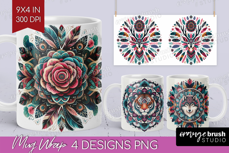 Boho Animal Mug Wrap - Mandala Mug PNG Sublimation