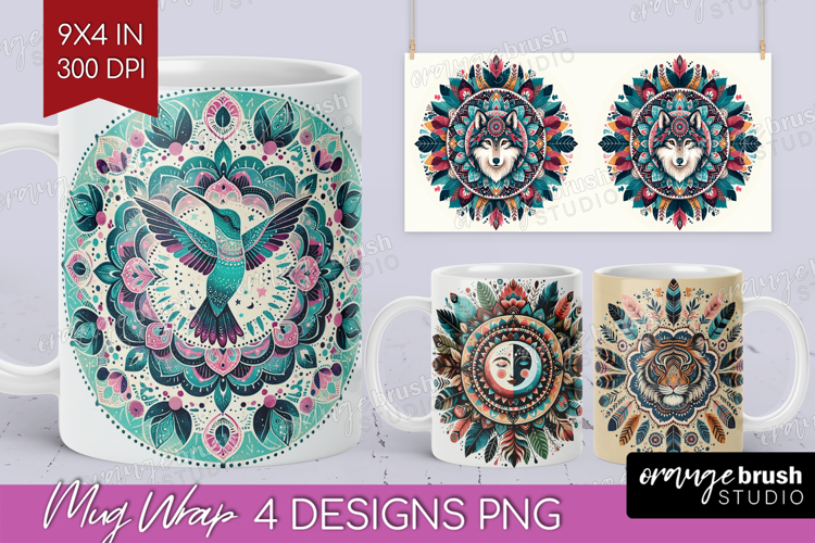 Boho Animal Mug Wrap - Mandala Mug PNG Sublimation
