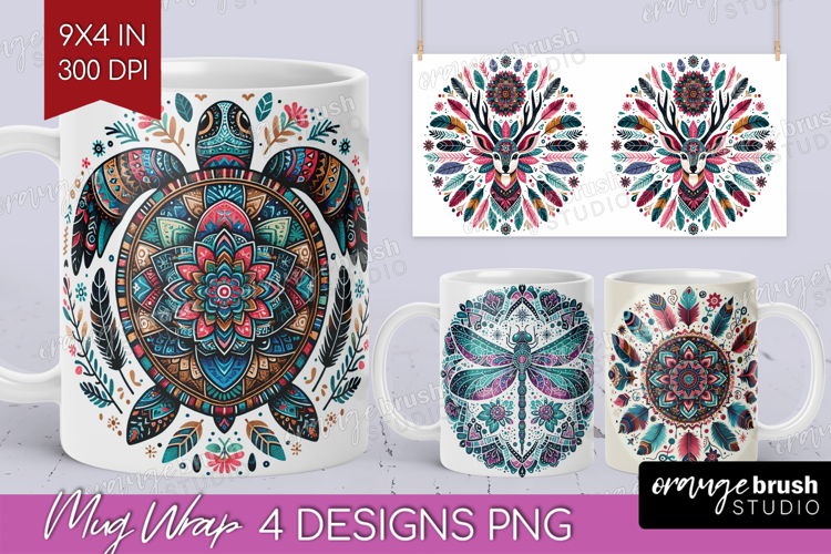 Boho Animal Mug Wrap - Mandala Mug PNG Sublimation