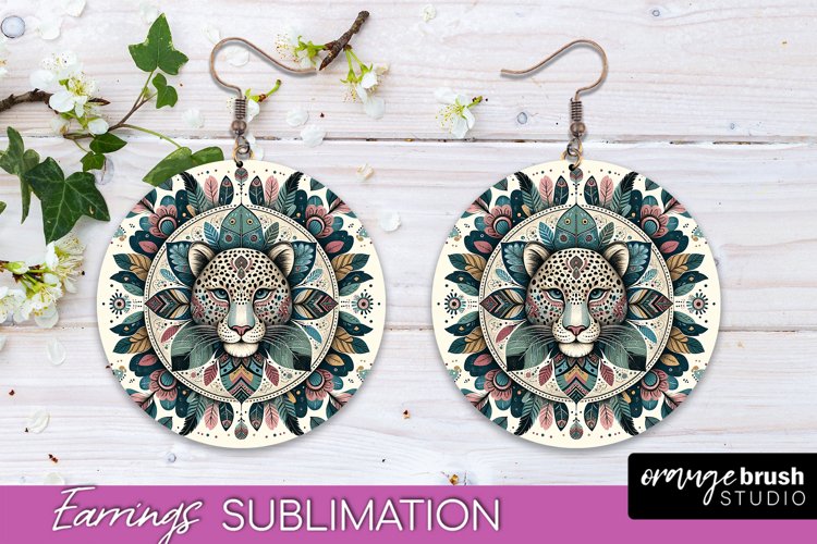 Boho Mandala Round Earrings Sublimation Leopard PNG Design