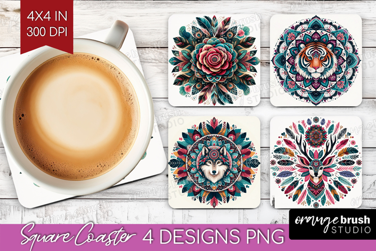Boho Animal Square Coaster - Mandala Coaster PNG Sublimation
