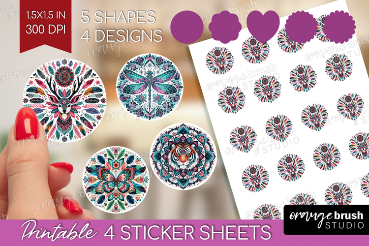 Boho Animal Round Sticker - Mandala Printable Sticker Sheet