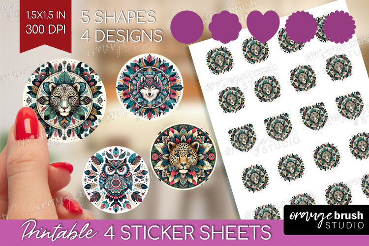 Boho Animal Round Sticker - Mandala Printable Sticker Sheet example image 1