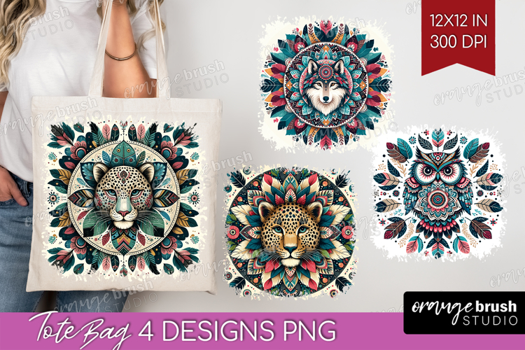 Boho Animal Tote Bag - Mandala Tote Bag PNG Sublimation