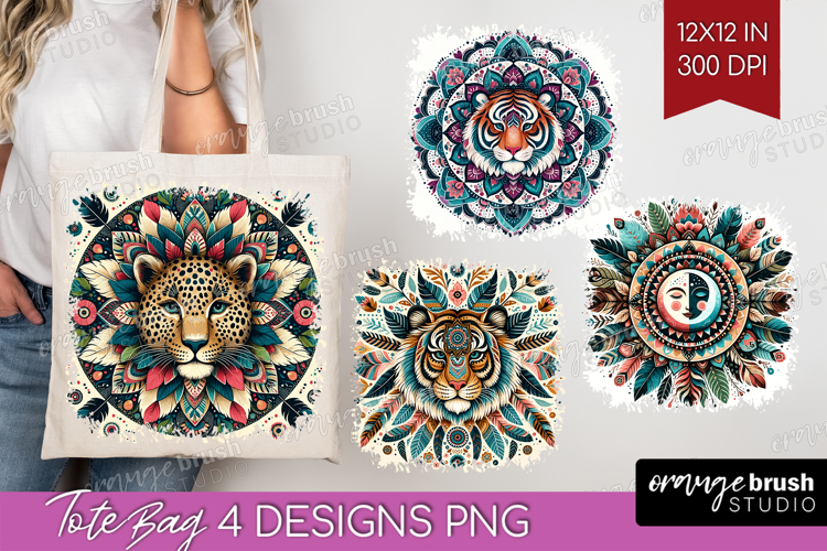 Boho Animal Tote Bag - Mandala Tote Bag PNG Sublimation