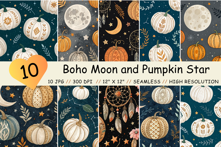 Boho Moon and Pumpkin Star Seamless Pattern, Digital Paper