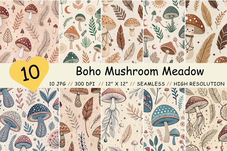 Boho Mushroom Meadow Digital Paper, Seamless Pattern