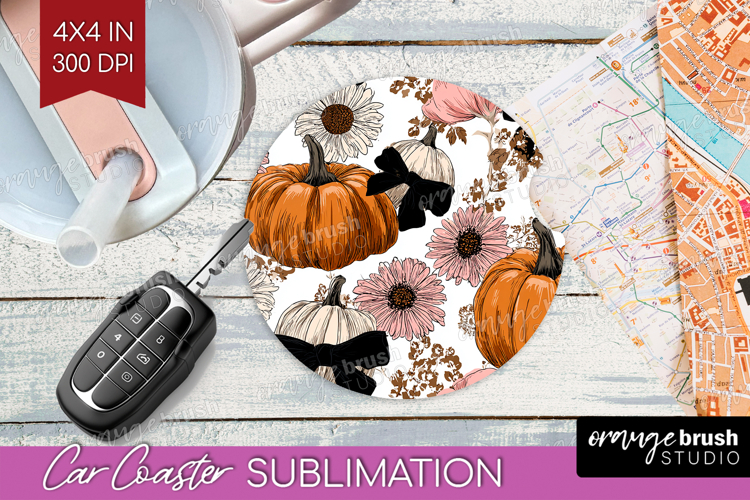 Boho Pumpkin Car Coaster - Coquette Coaster PNG Sublimation
