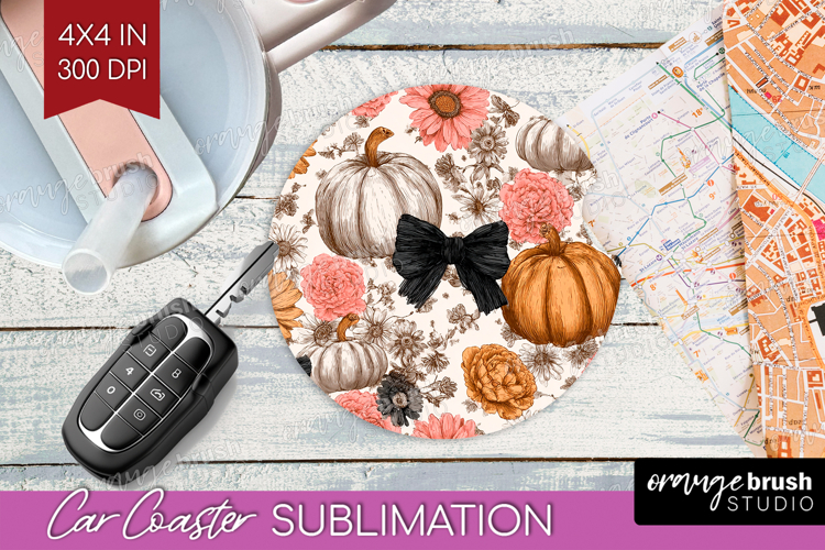 Boho Pumpkin Car Coaster - Coquette Coaster PNG Sublimation