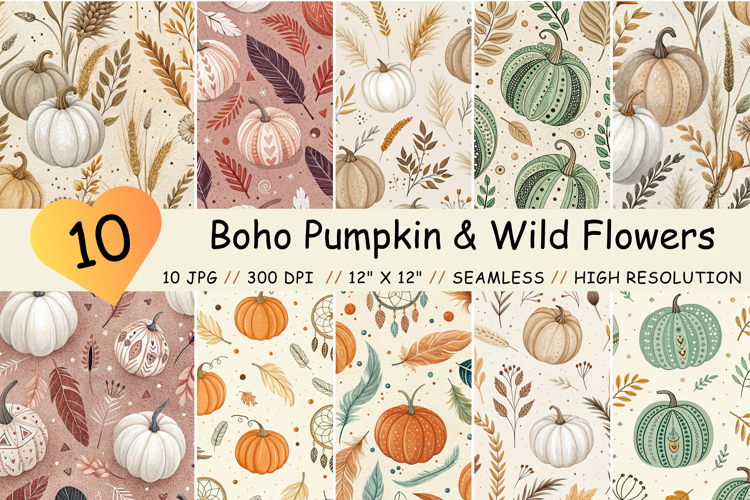 Boho Pumpkin & Wild Flowers Digital Paper, Seamless Pattern