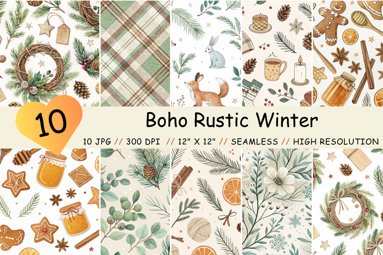 Boho Rustic Winter Digital Paper, Cute Winter Pattern