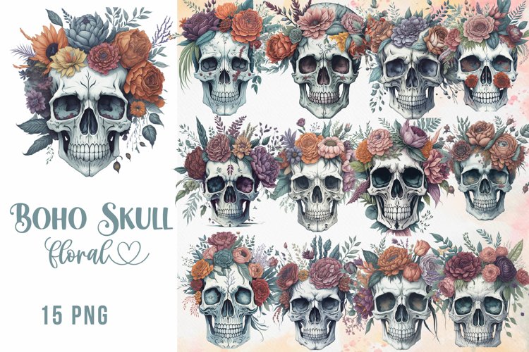 Boho Skull Floral Watercolor Clipart