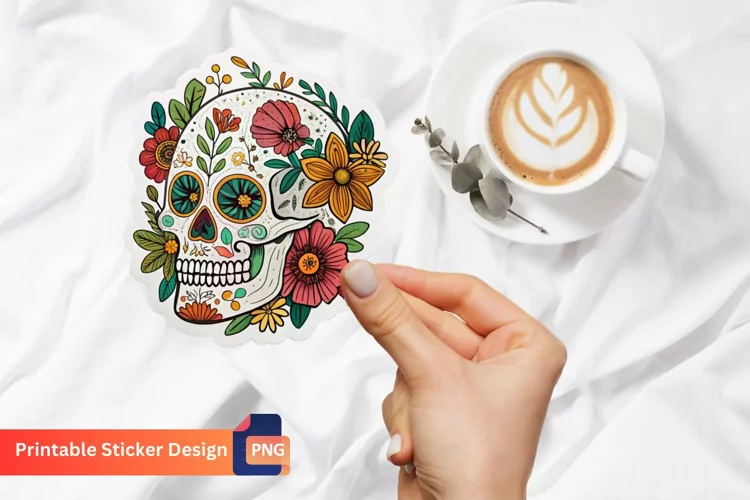 Boho Skull In Flowers Sticker, Floral Skull Sticker