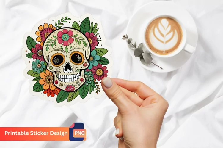 Boho Skull In Flowers Sticker, Floral Skull Sticker