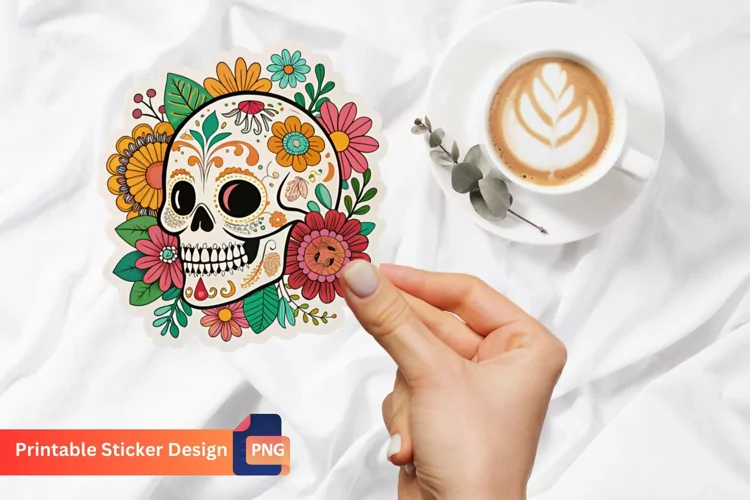 Boho Skull In Flowers Sticker, Floral Skull Sticker
