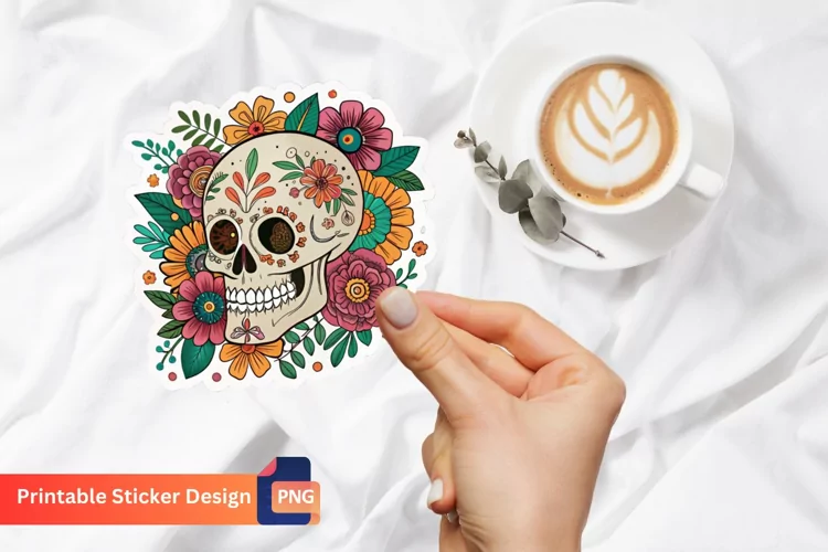 Boho Skull In Flowers Sticker, Floral Skull Sticker