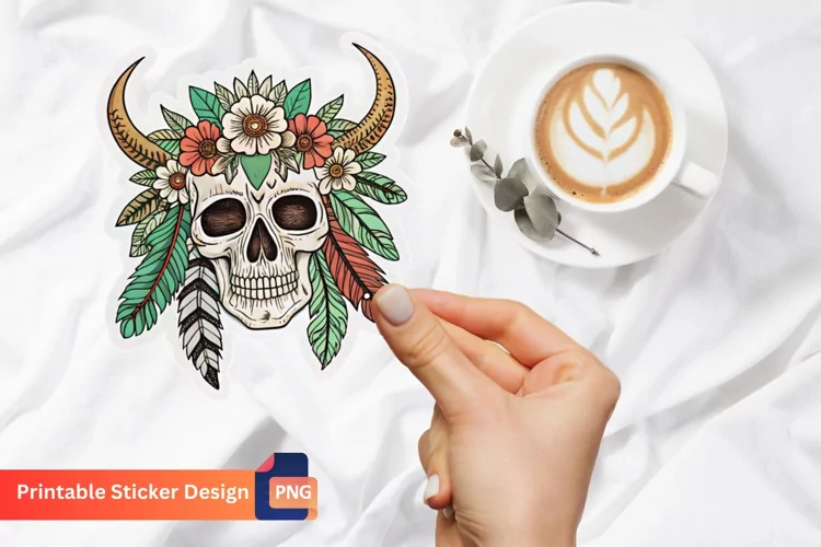 Boho Skull Sticker, Skull Art Stickers, Boho Style Skull