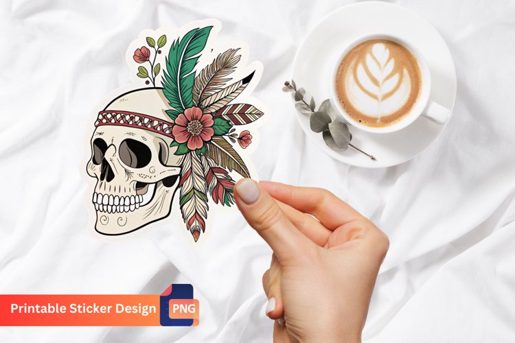 Boho Skull Sticker, Skull Art Stickers, Boho Style Skull example image 1