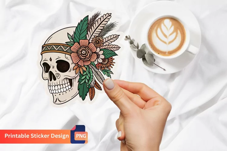 Boho Skull Sticker, Skull Art Stickers, Boho Style Skull